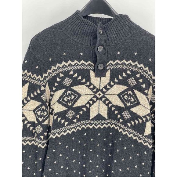 American Eagle Sweater Men’s Medium Mock Neck Fair Isle Charcoal Gray Holiday - Picture 2 of 13